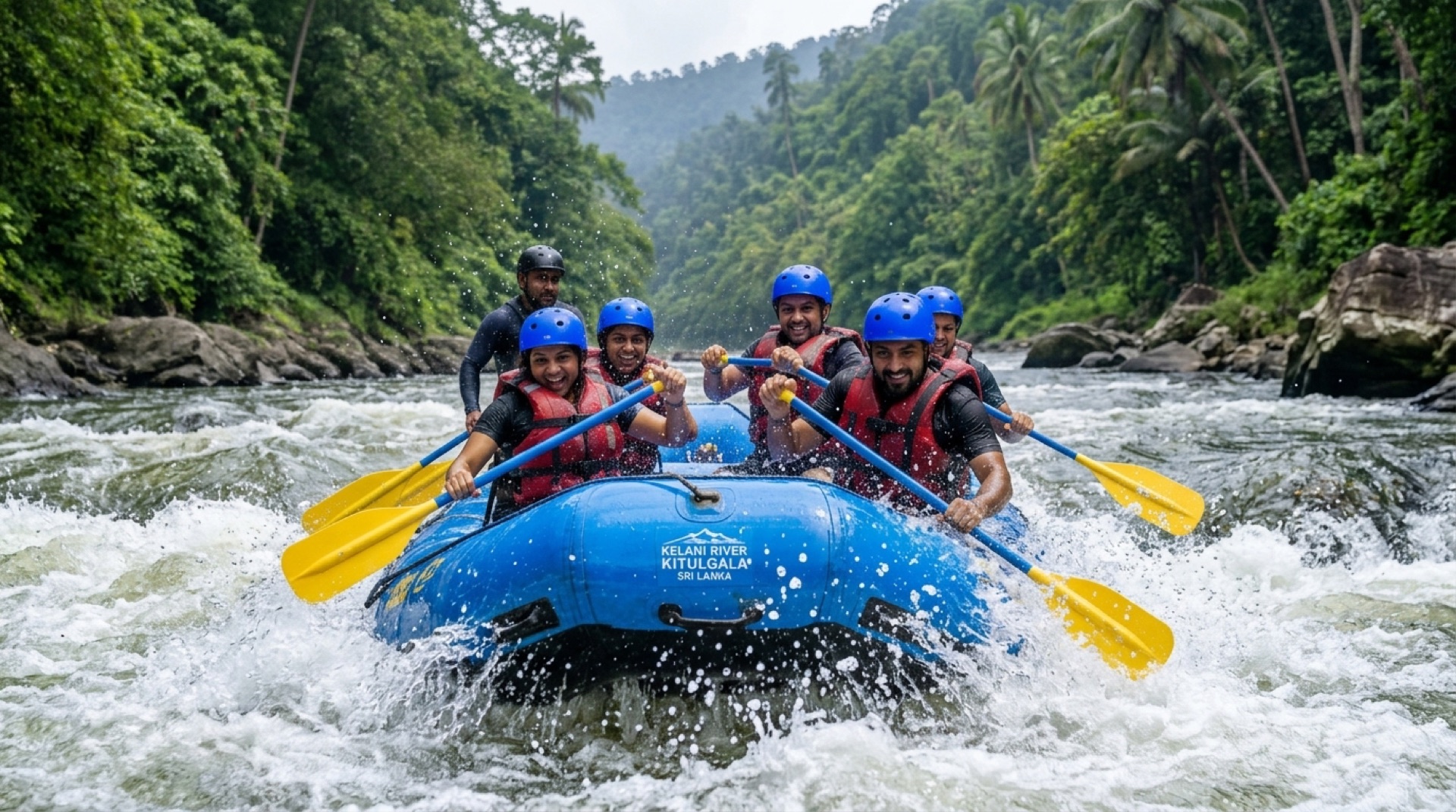 Group in helmets and life jackets white water rafting through rapids in Kitulgala