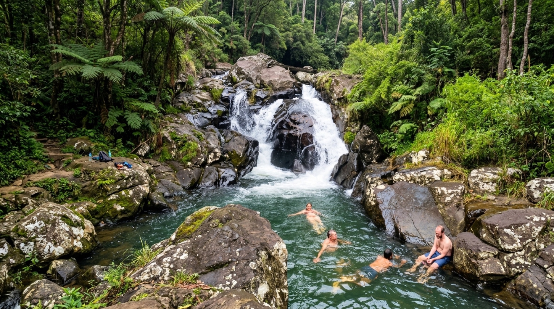 Adventure travelers swimming and relaxing in a natural cascade rock pool beneath a jungle waterfall