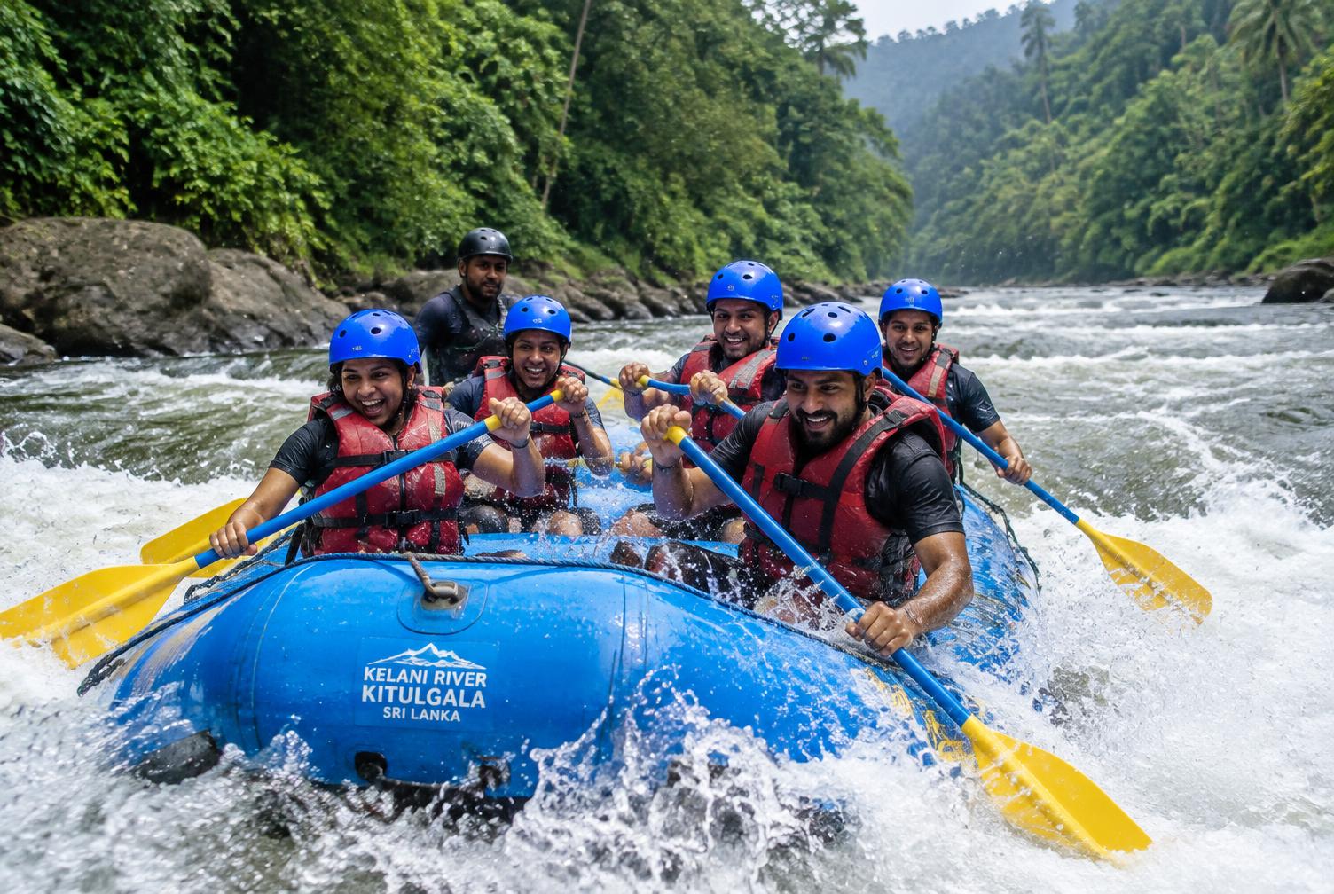 Group white water rafting through river rapids in Kitulgala